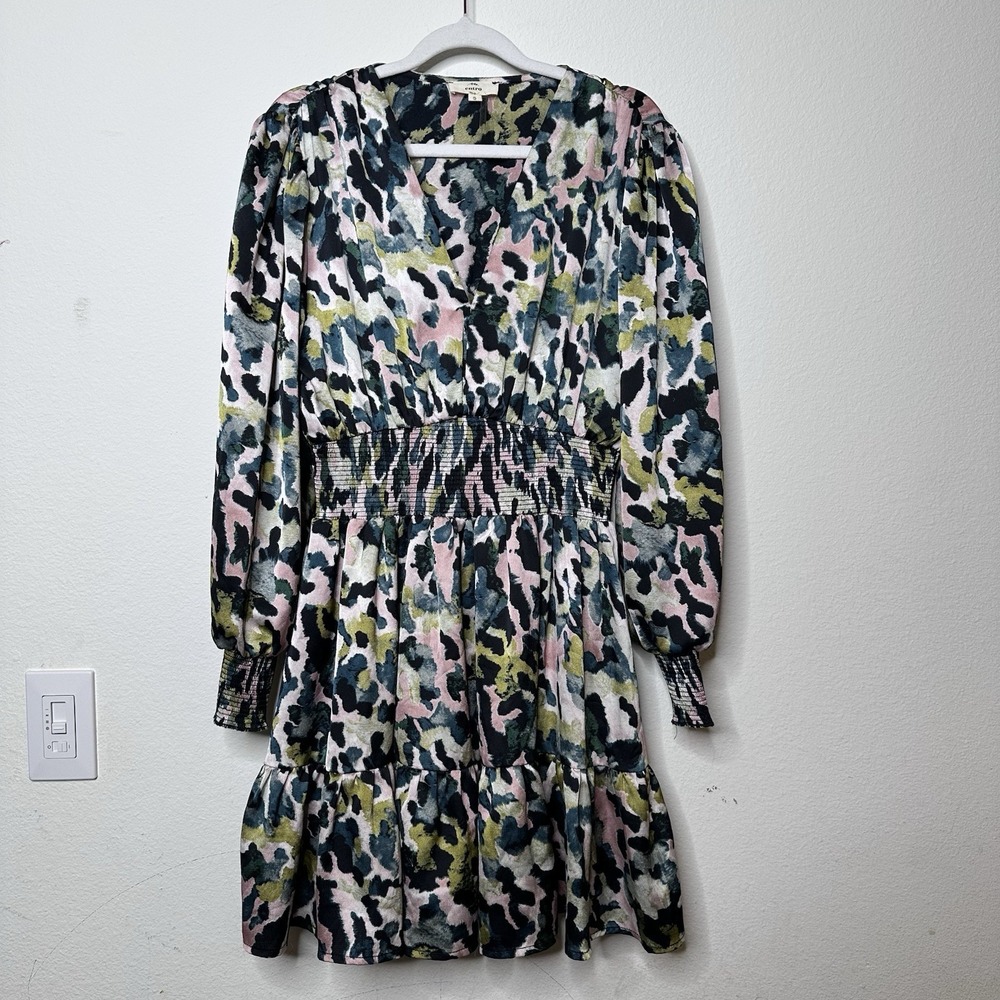 Entro Womens Smocked Waist Tiered Mini Dress Abstract Animal Print Long Sleeve S
